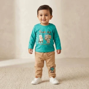 Boys Teal Elephant Shirt Pants Set