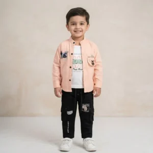 Boys Peach Layered Shirt & Black Cargo Set