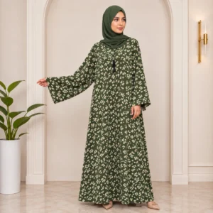 Dark Green Floral Printed Abaya