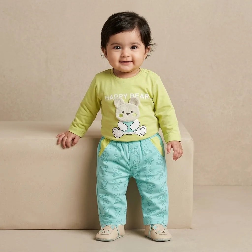 Baby Lime Green Happy Bear Shirt Pants Set