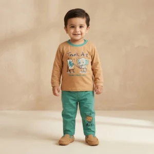 Boys Tan Elephant Shirt and Teal Pants Set