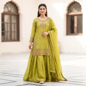 Lime Green Embroidered Sharara Suit