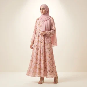 Pink Floral Print Abaya