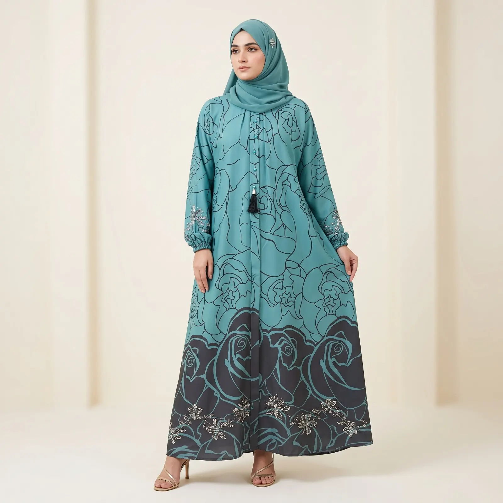Teal Rose Printed Digital TikTok Abaya