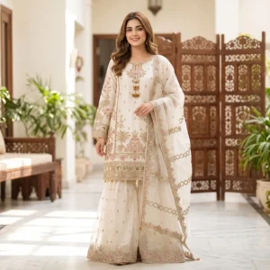 Cream Embroidered Organza Sharara Suit