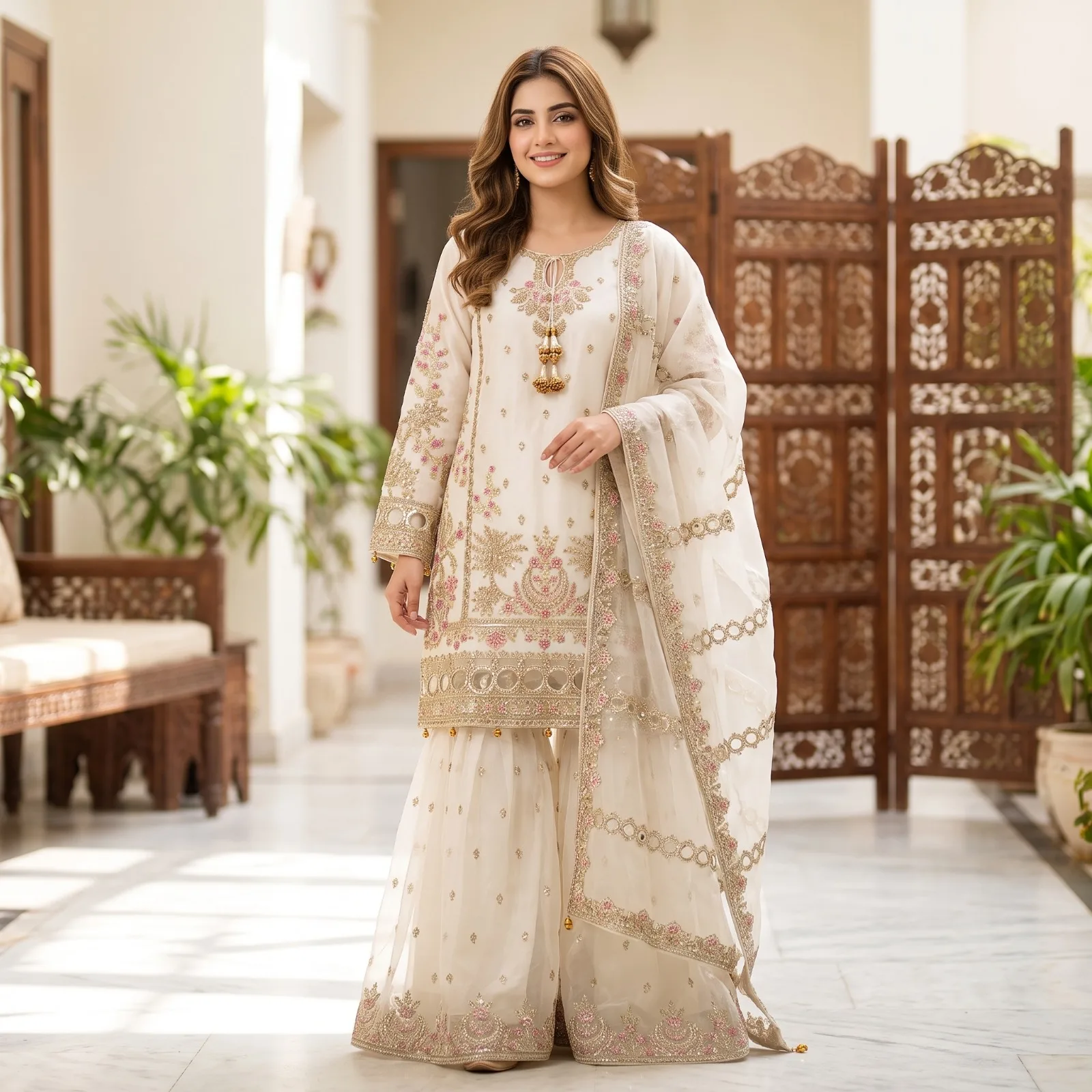 Cream Embroidered Organza Sharara Suit Cream Embroidered Organza Sharara Suit