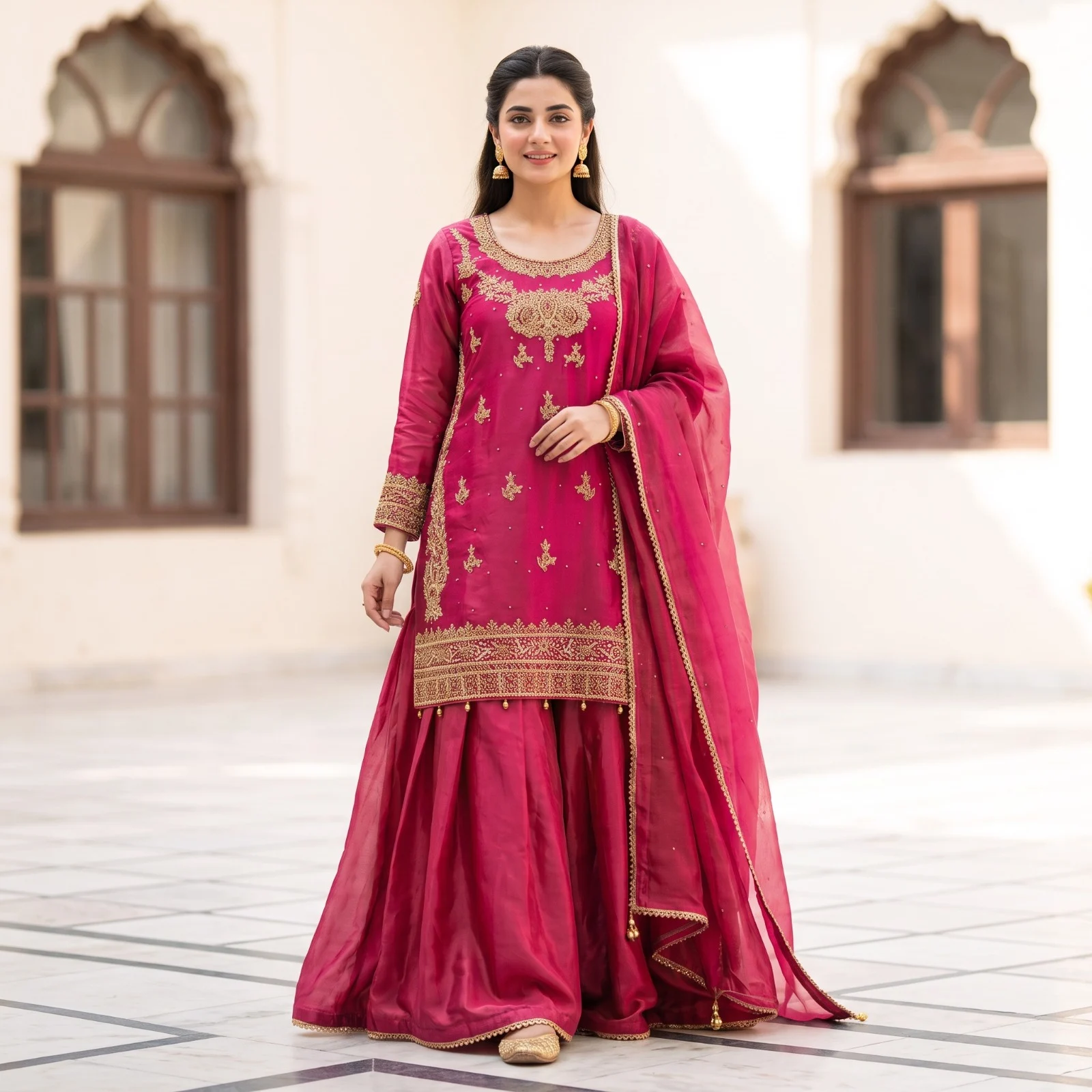 Magenta Embroidered Sharara Suit Magenta Embroidered Sharara Suit