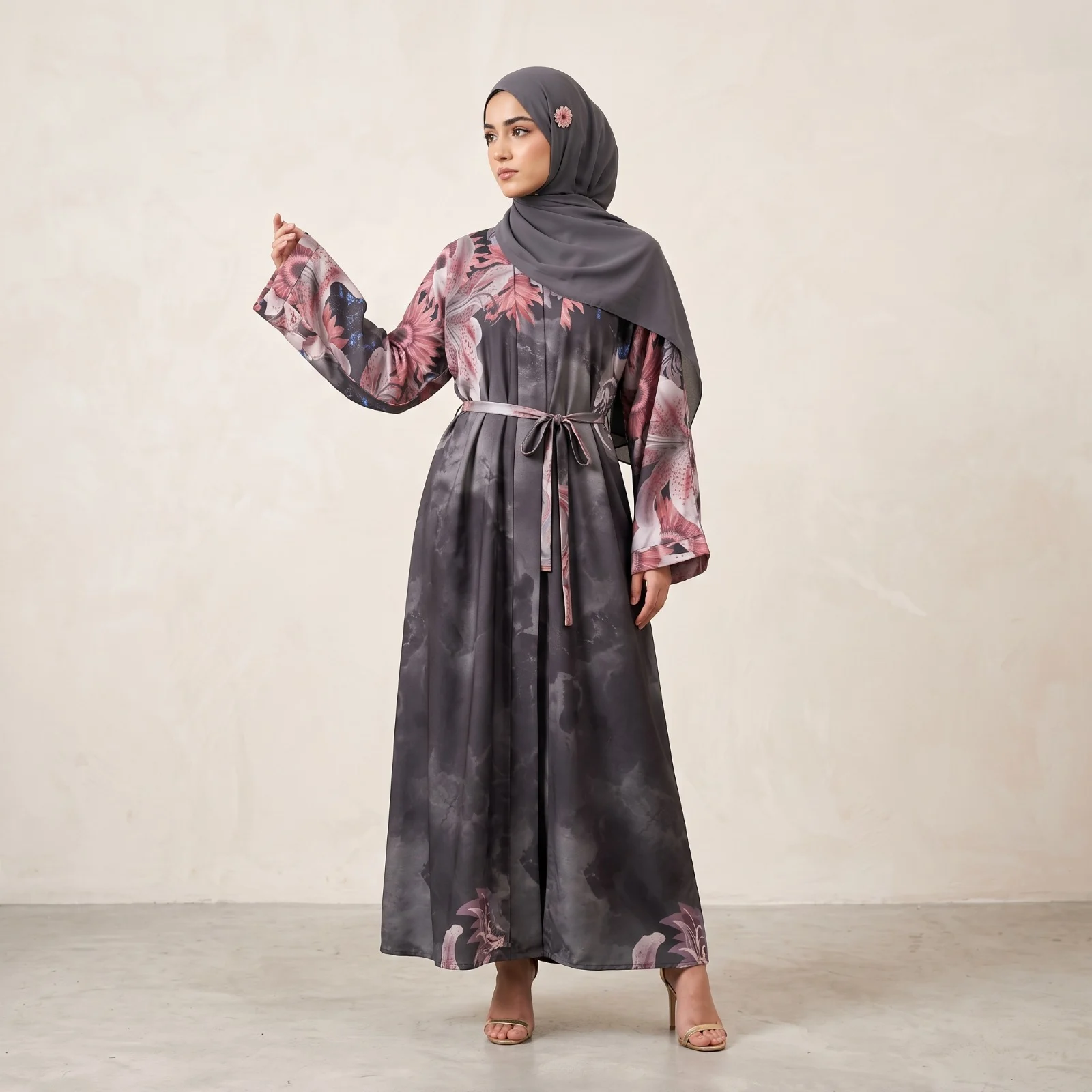 Charcoal Floral Belted 3D Digital Abaya Charcoal Floral Belted 3D Digital Abaya