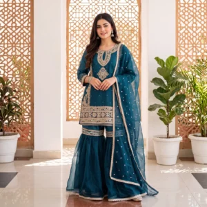 Teal Blue Embroidered Gharara Suit