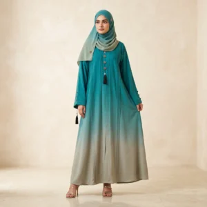 Elegant Teal Ombre Die & Die Pleated Abaya