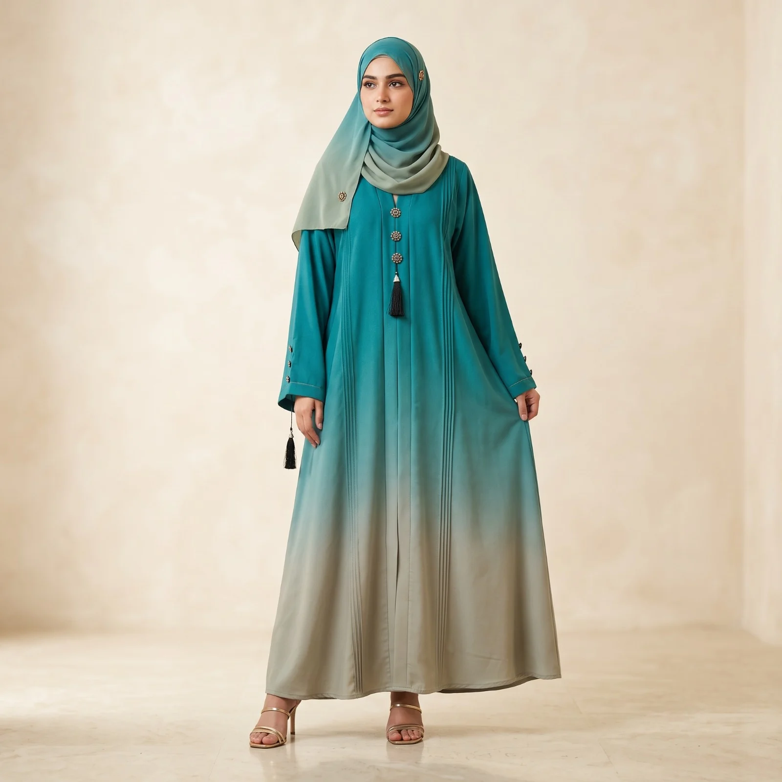 Elegant Teal Ombre Die & Die Pleated Abaya Elegant Teal Ombre Die & Die Pleated Abaya