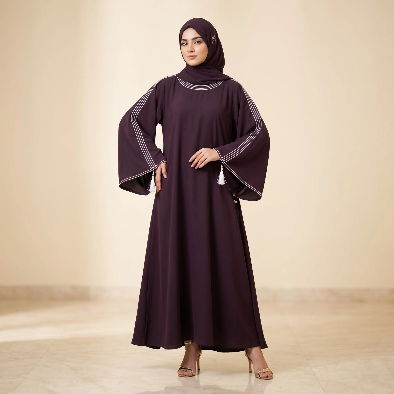 Elegant Plum Bell Sleeve Lining Magzy Tassel Abaya Elegant Plum Bell Sleeve Lining Magzy Tassel Abaya