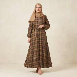Brown Plaid Belted Shafoon Abaya