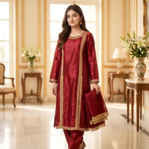 Maroon Embroidered 3-Piece Suit