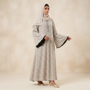 Beige Geometric Printed Bell Sleeve Double Print Shafoon Abaya