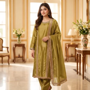 Olive Green Embroidered 3-Piece Suit
