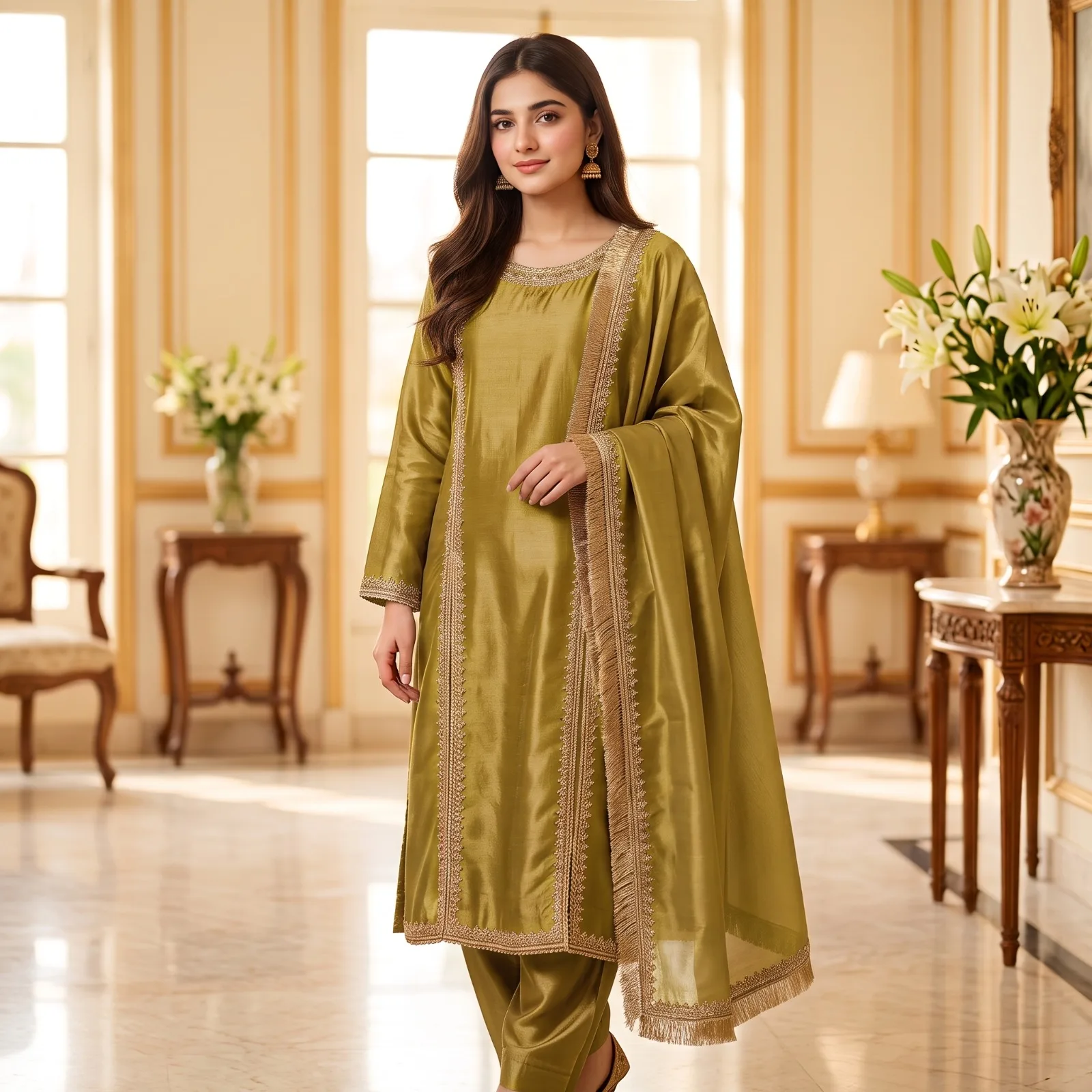 Olive Green Embroidered 3-Piece Suit Olive Green Embroidered 3-Piece Suit