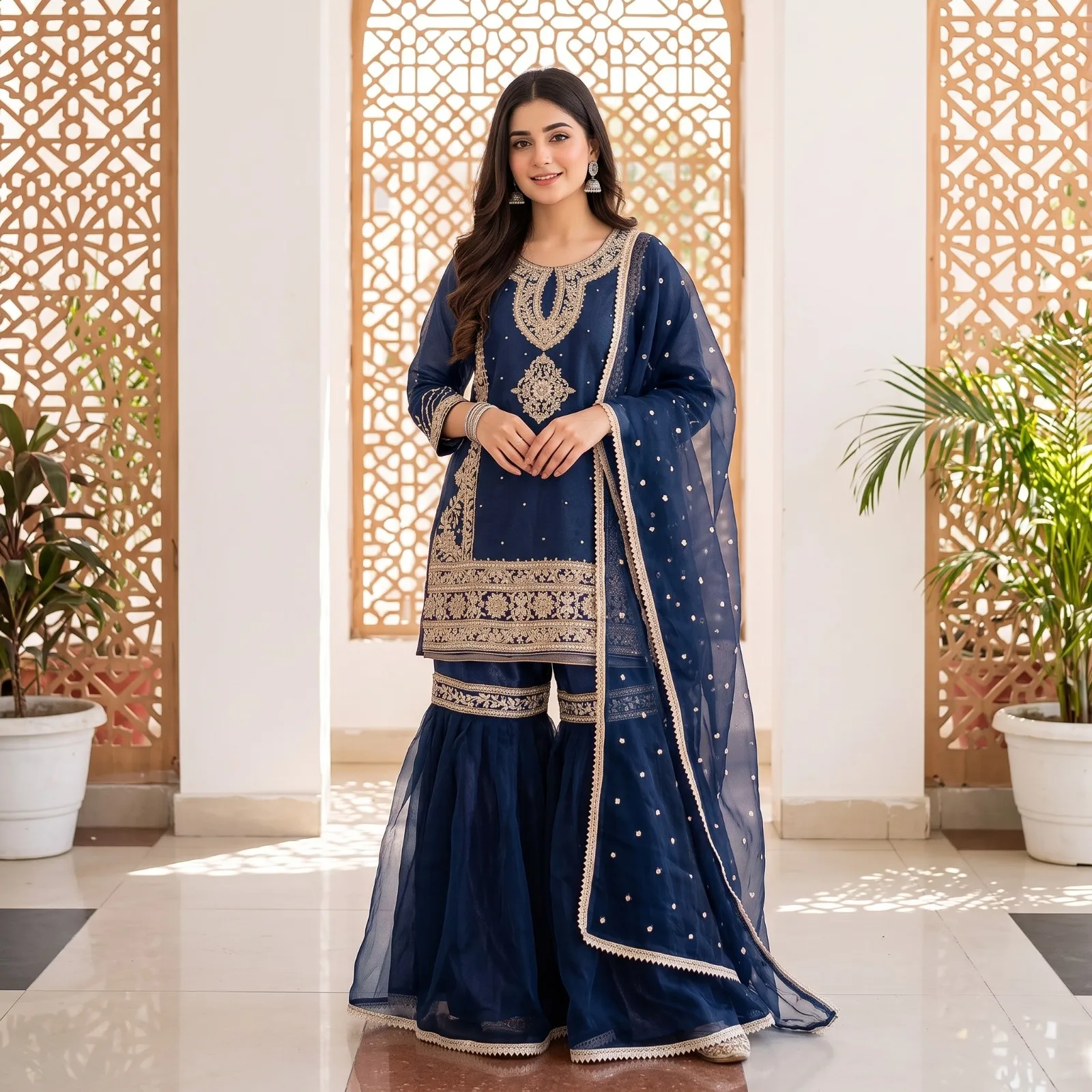 Navy Blue Embroidered Gharara Suit Navy Blue Embroidered Gharara Suit