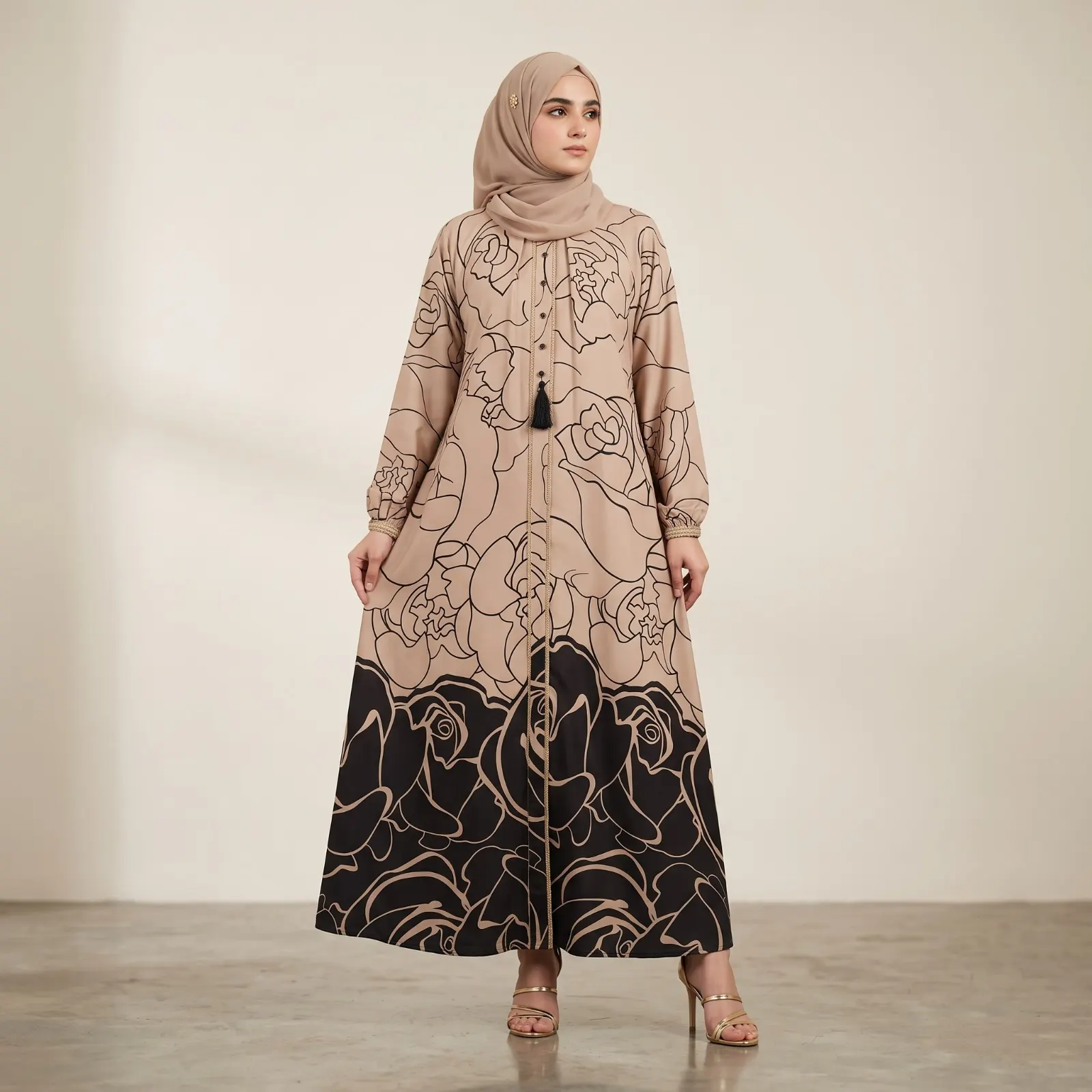 Beige Floral Printed 3D TikTok Abaya Beige Floral Printed 3D TikTok Abaya