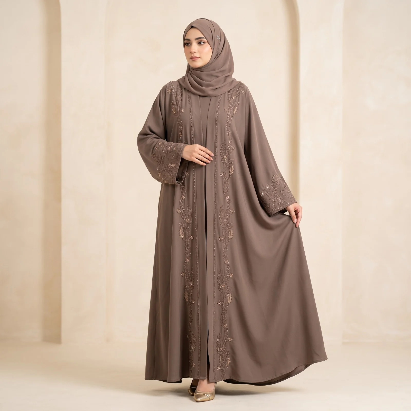 Mocha Floral Embroidered Open Front Korean Nida Abaya Mocha Floral Embroidered Open Front Korean Nida Abaya