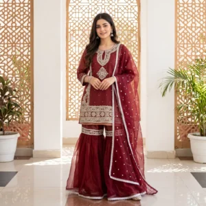 Embroidered Maroon Gharara Suit