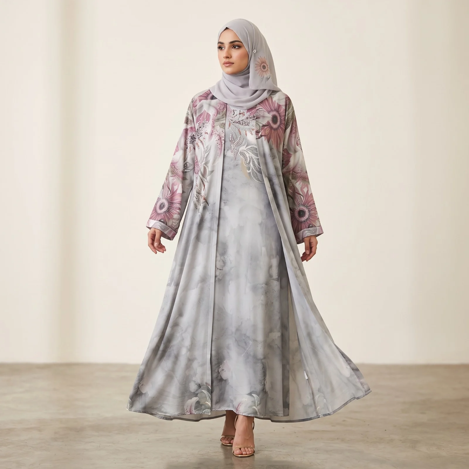 Grey Floral Layered Cardigan 3D Digital Abaya