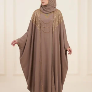 Taupe Gold Embellished Imported Plain Nida Sultan Abaya