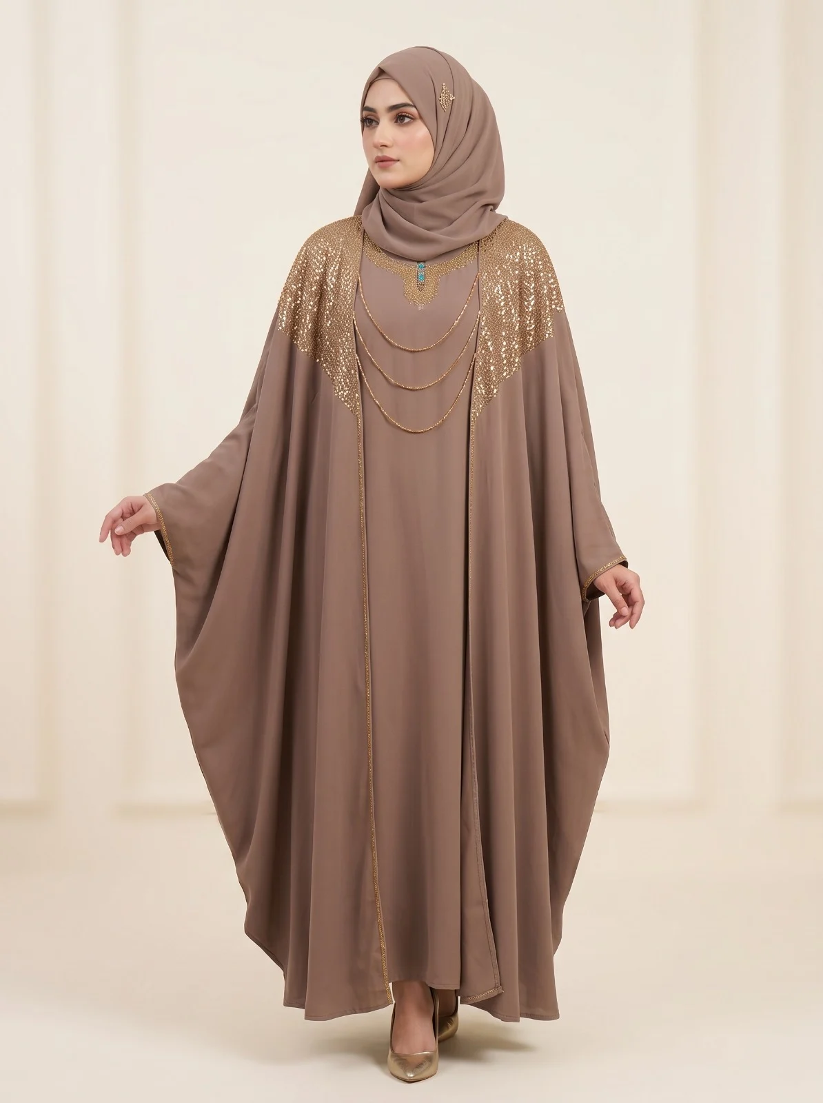 Taupe Gold Embellished Imported Plain Nida Sultan Abaya Taupe Gold Embellished Imported Plain Nida Sultan Abaya