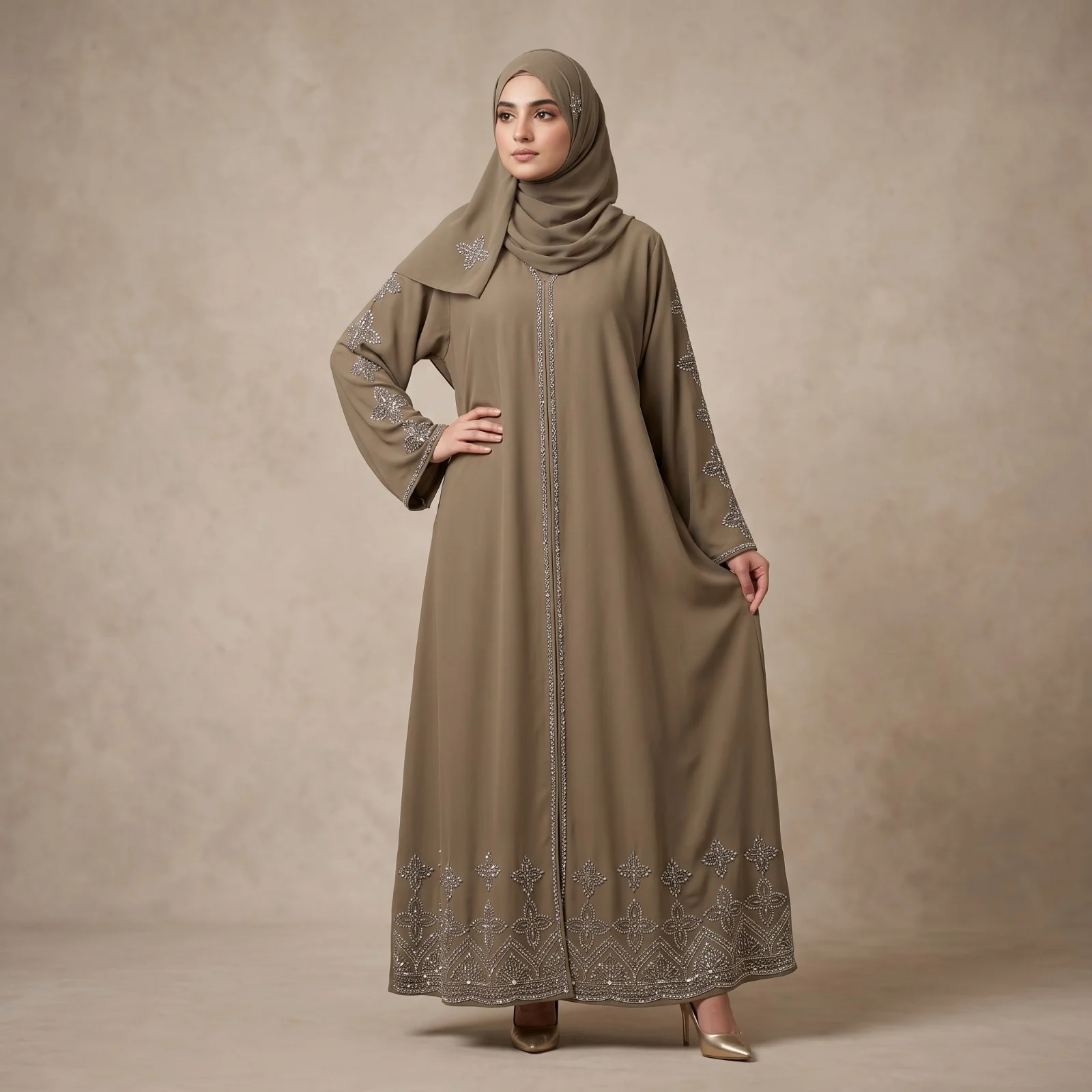 Olive Green Crystal Embellished Korean Nida Abaya Olive Green Crystal Embellished Korean Nida Abaya